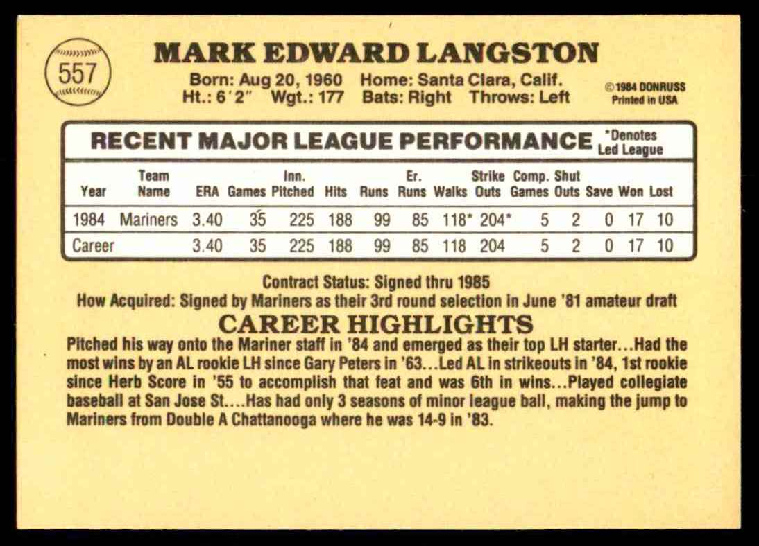 1985 Donruss Mark Langston #557 card back image