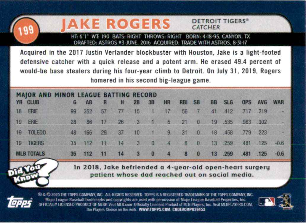 2020 Topps Big League Jake Rogers #199 card back image