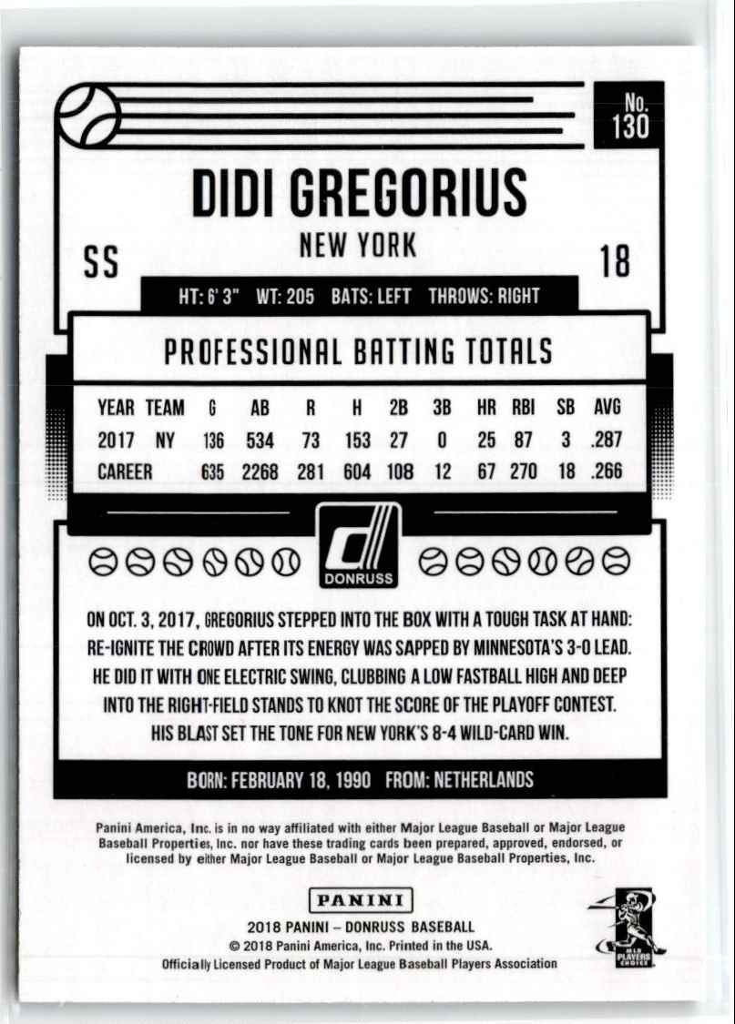 2018 Donruss Career Stat Line Didi Gregorius #130 card back image