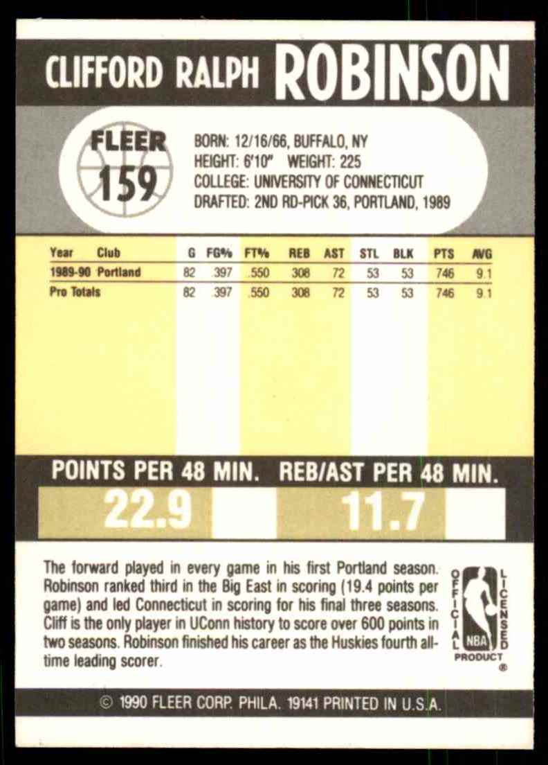 1990-91 Fleer Clifford Robinson RC #159 card back image