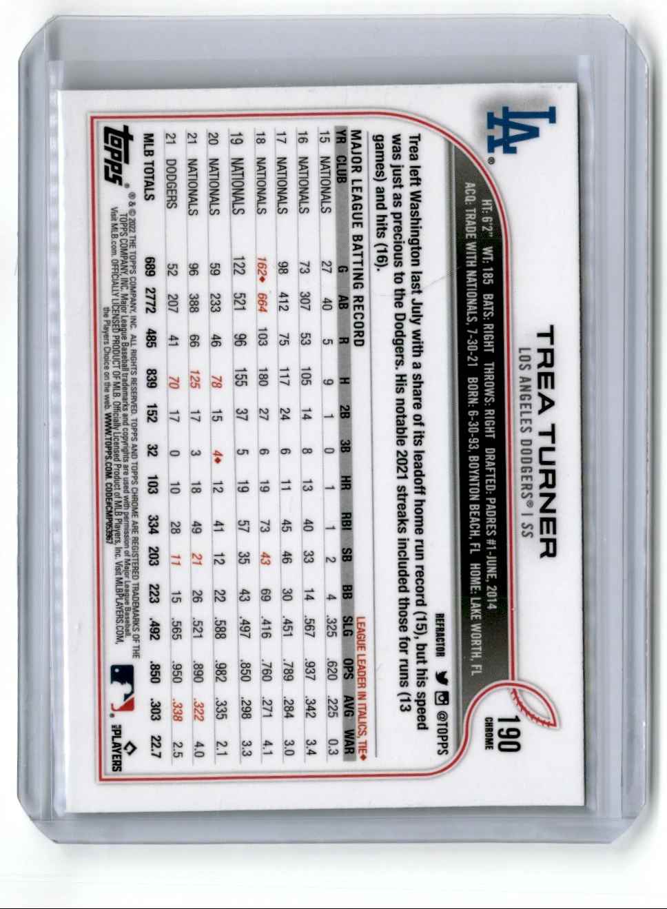 2022 Topps Chrome Refractor Trea Turner #190 card back image