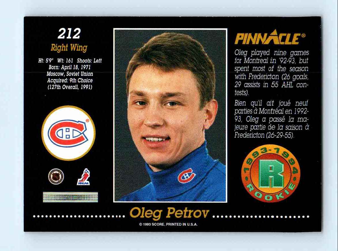 1993-94 Pinnacle Rookie Oleg Petrov #212 card back image