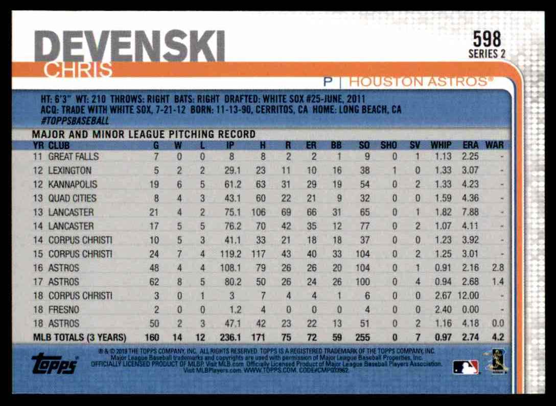 2019 Topps Series 2 Chris Devenski #598 card back image
