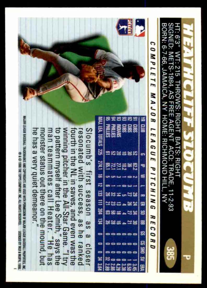 1996 Topps Heathcliff Slocumb #385 card back image