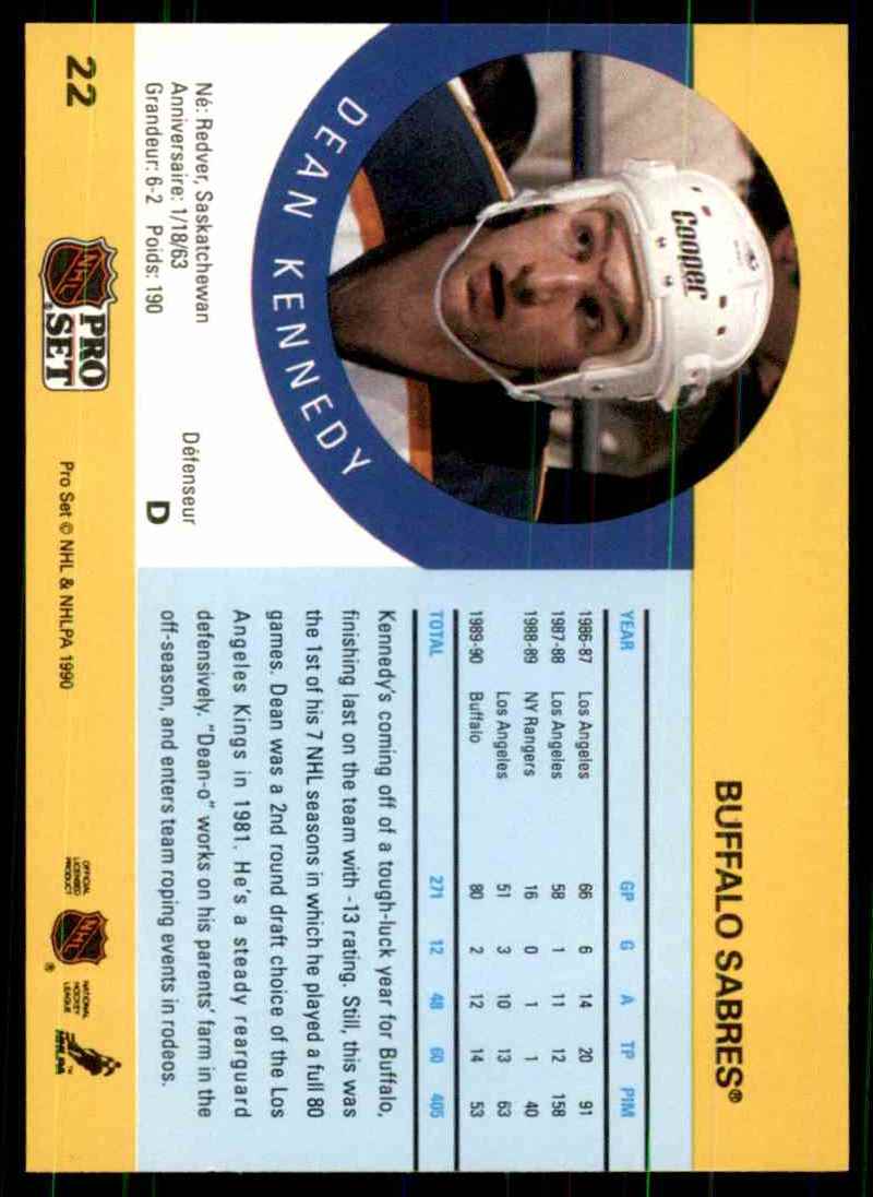 1990-91 Pro Set Dean Kennedy RC #22 card back image