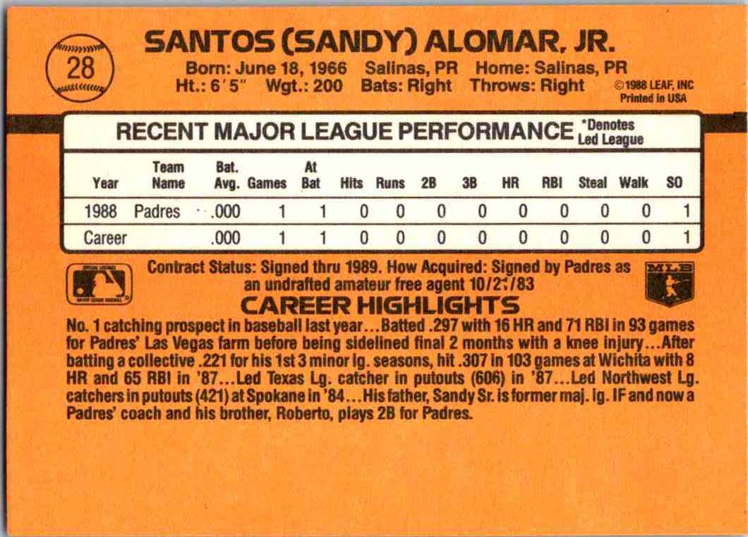 1989 Donruss Santos (Sandy) Alomar, JR. card back image