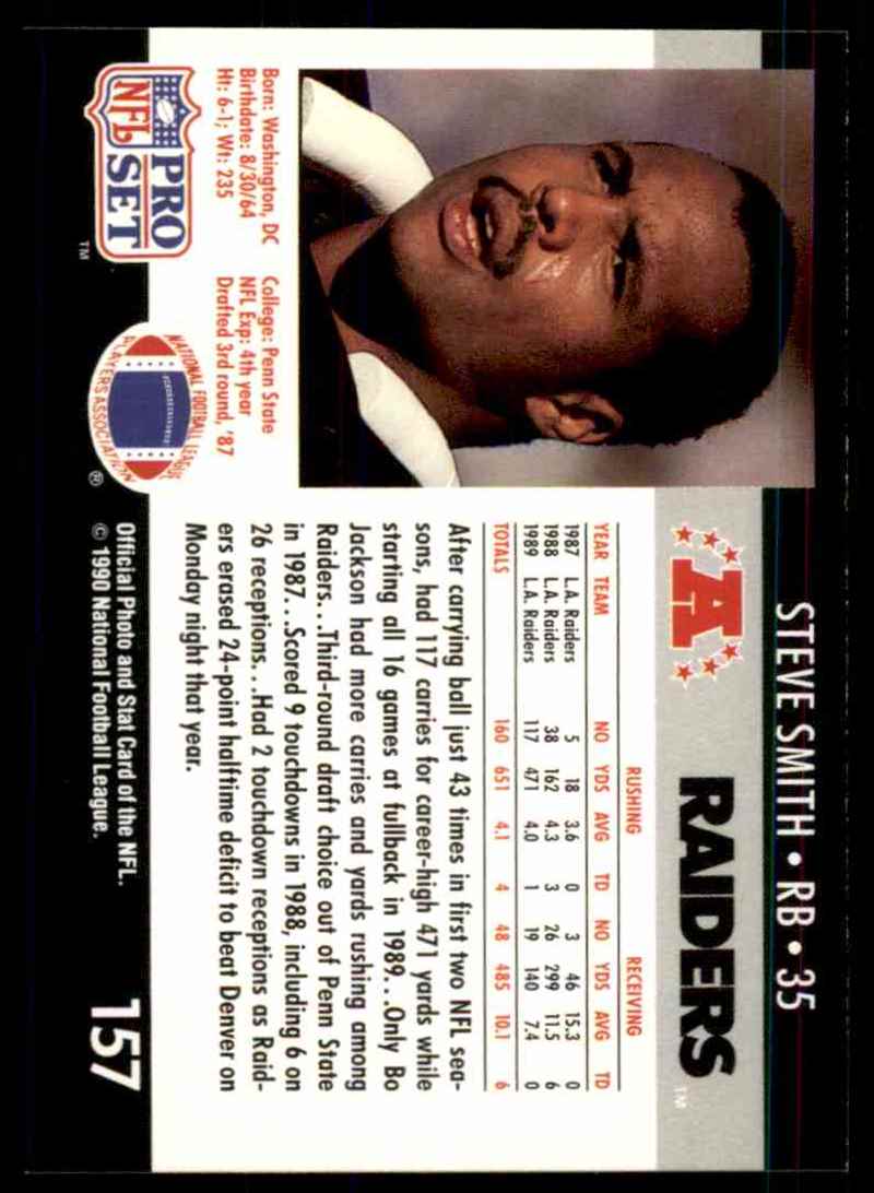 1990 Pro Set Steve Smith #157 card back image