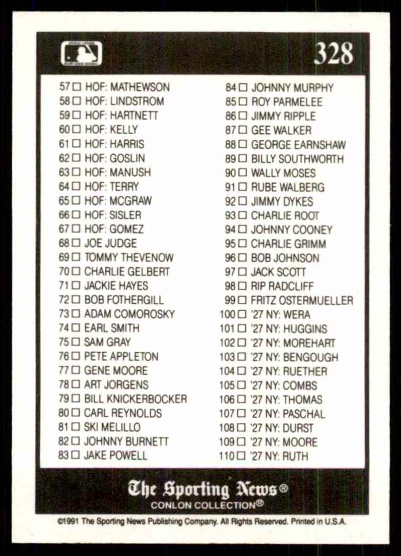 1991 Conlon Tsn Checklist 1-110 #328 card back image