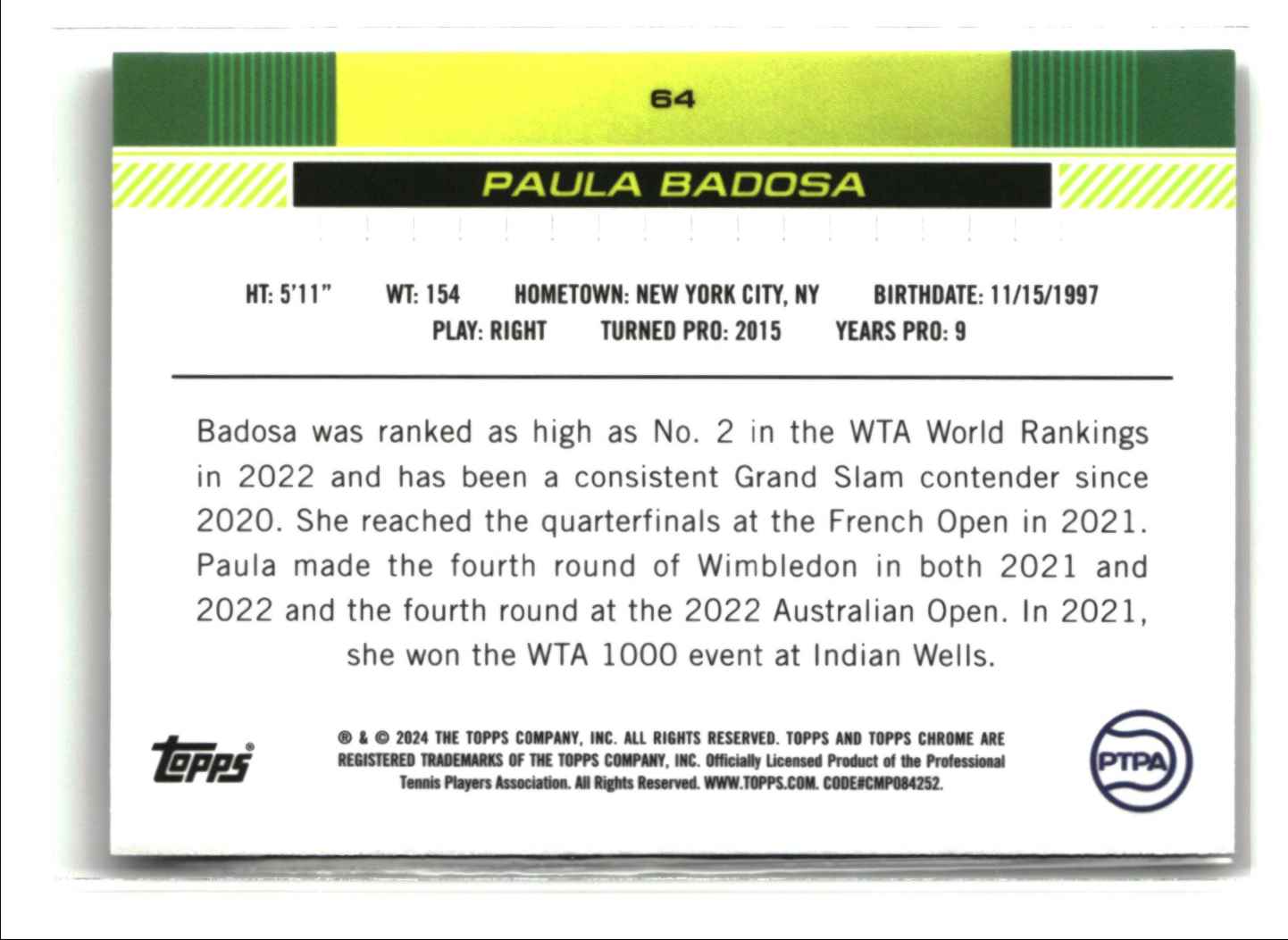 2024 Topps Chrome Prism Refractor PAULA BADOSA #64 card back image