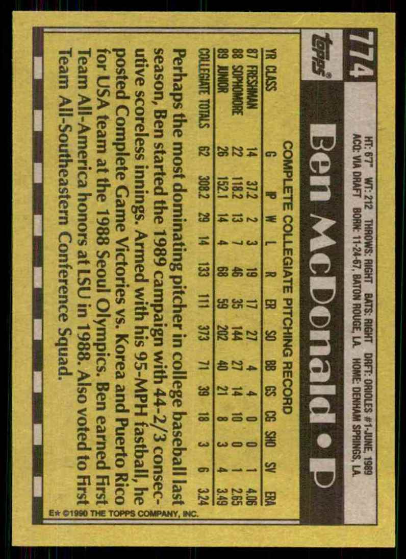 1990 Topps Ben McDonald RC #774 card back image