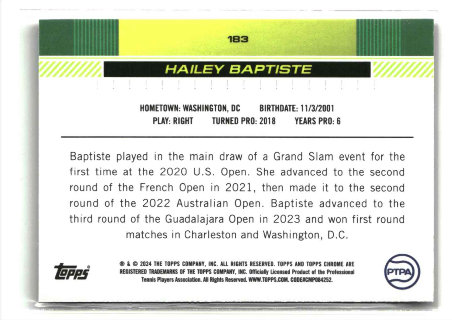 2024 Topps Chrome Clay Court Refractor HAILEY BAPTISTE #183 card back image