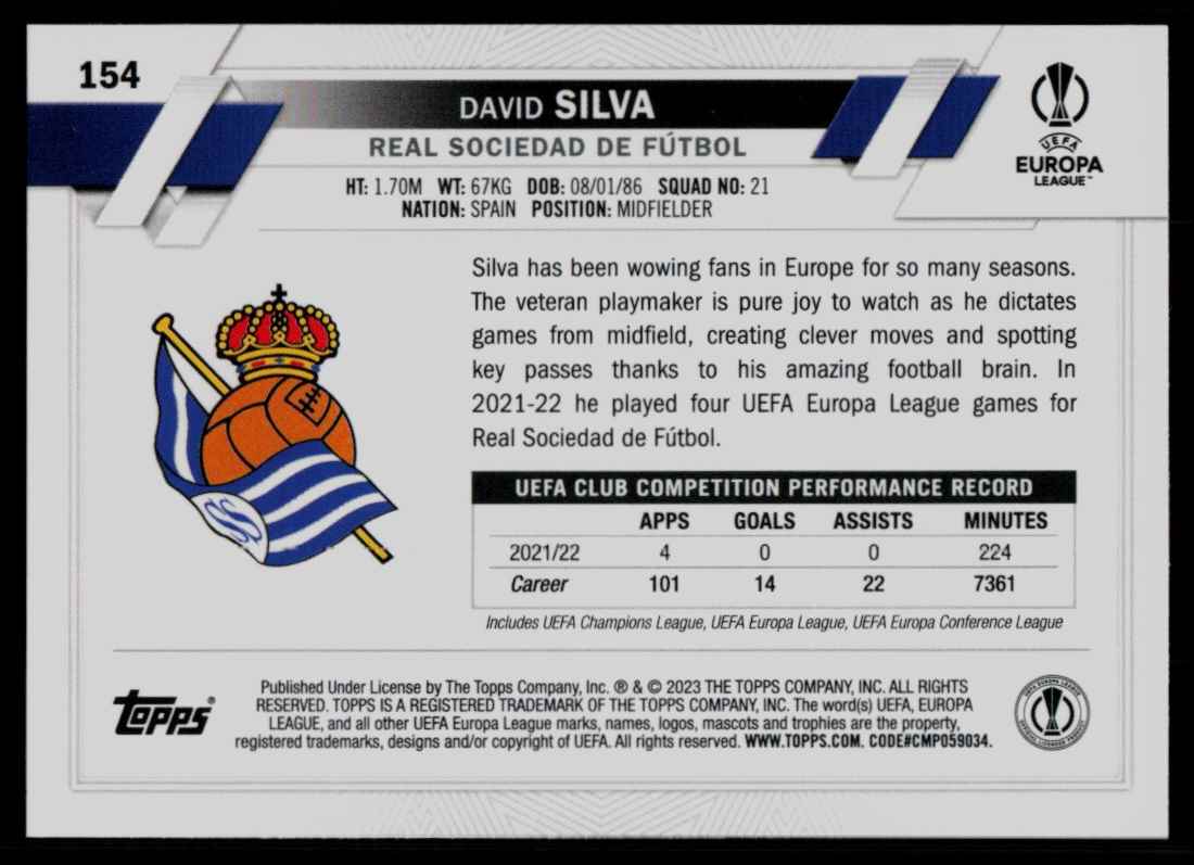 2022 Topps UEFA David Silva #154 card back image