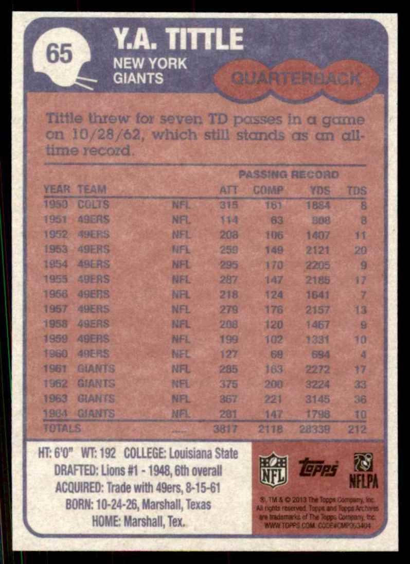 2013 Topps Archives Y.A. Tittle #65 card back image