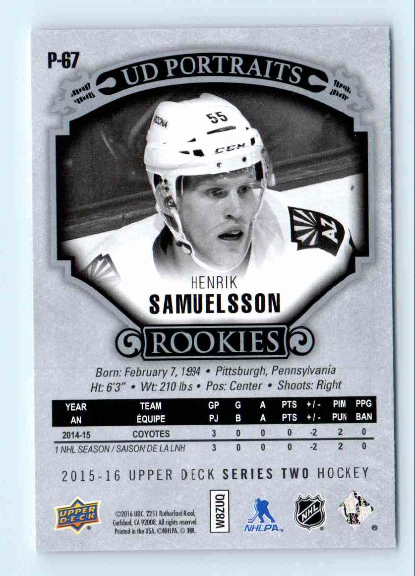 2015-16 Upper Deck Portraits Rookies Henrik Samuelsson #P-67 card back image