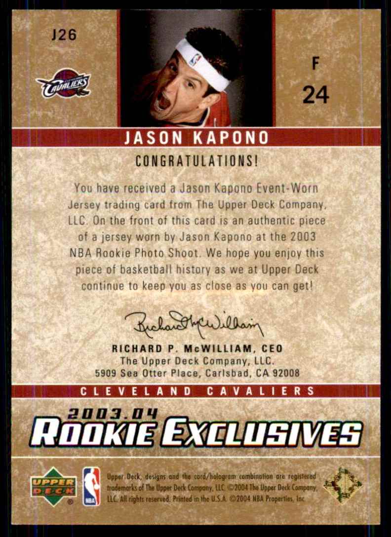 2003-04 Upper Deck Rookie Exclusives Jerseys Jason Kapono #J26 card back image