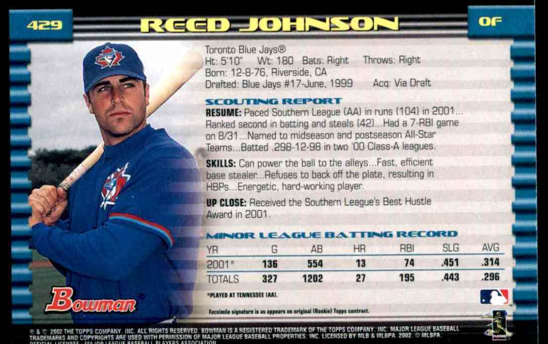 2002 Bowman Bowman Reed Johnson #429 card back image