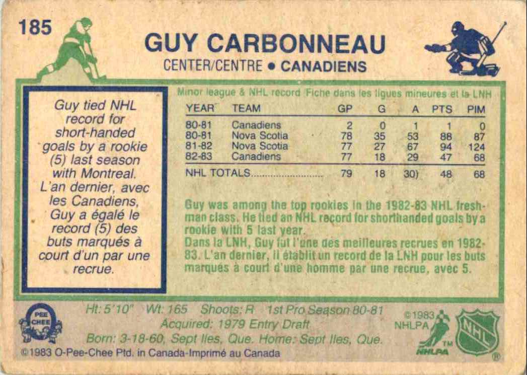 1983-84 O-Pee-Chee Guy Carbonneau #185 card back image