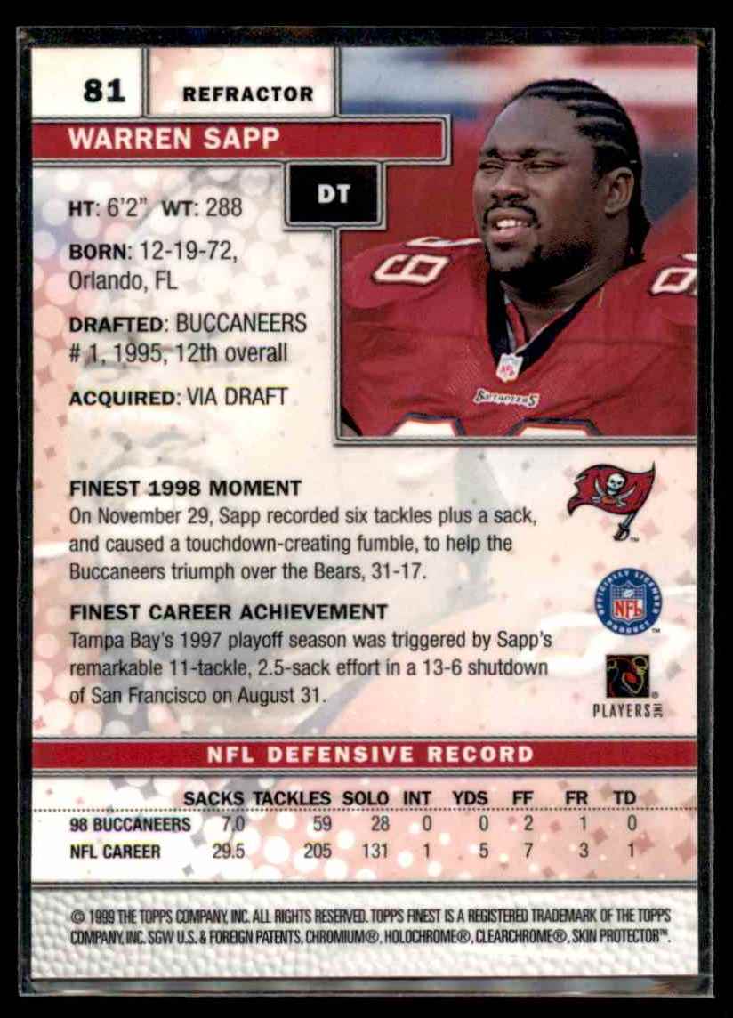 1999 Finest Refractor Warren Sapp #81 card back image