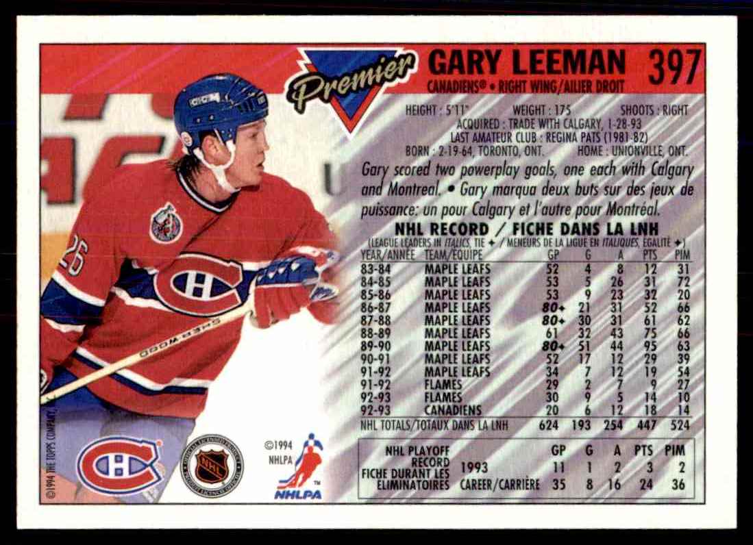 1993-94 Topps Premier Gary Leeman #397 card back image