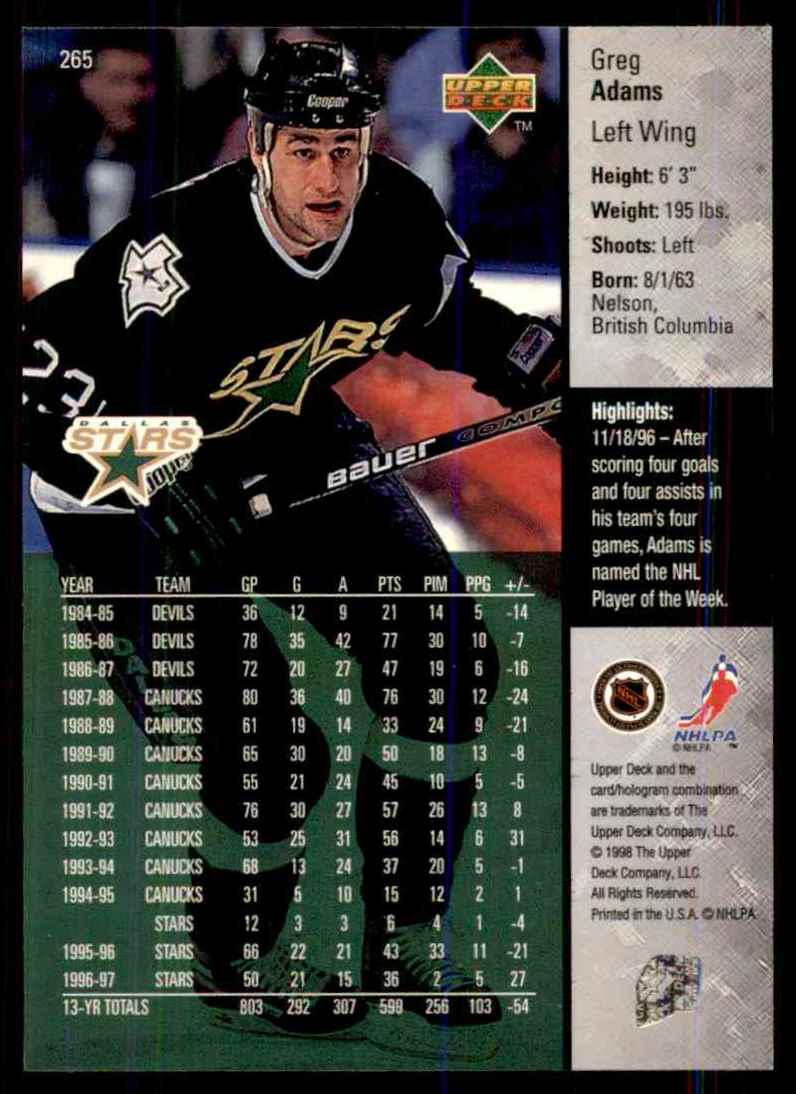 1997-98 Upper Deck Greg Adams #265 card back image