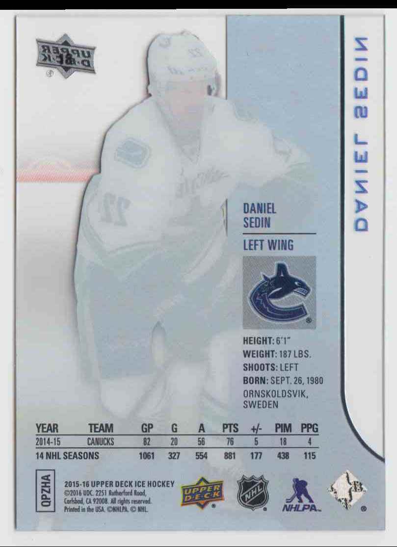 2015-16 Upper Deck Ice Daniel Sedin #18 card back image