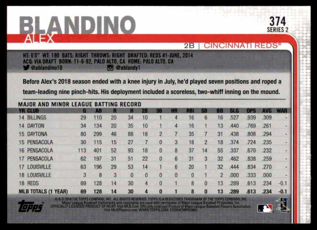 2019 Topps Series 2 Alex Blandino #374 card back image