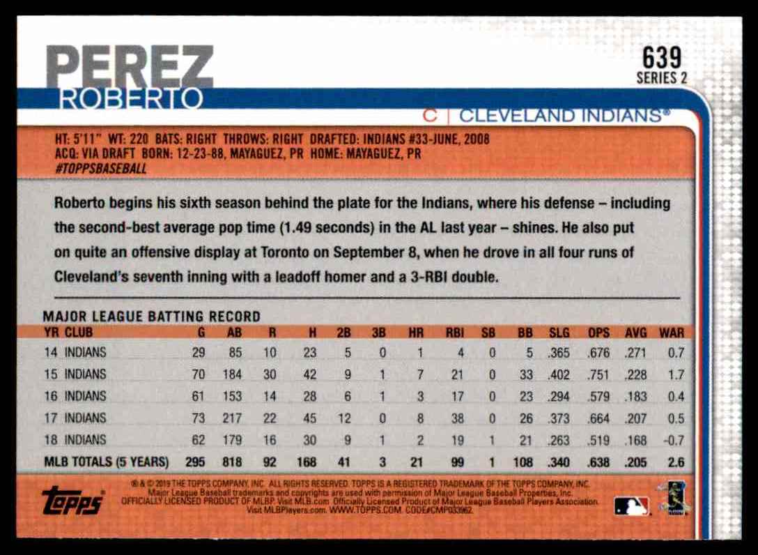 2019 Topps Series 2 Roberto Perez #639 card back image