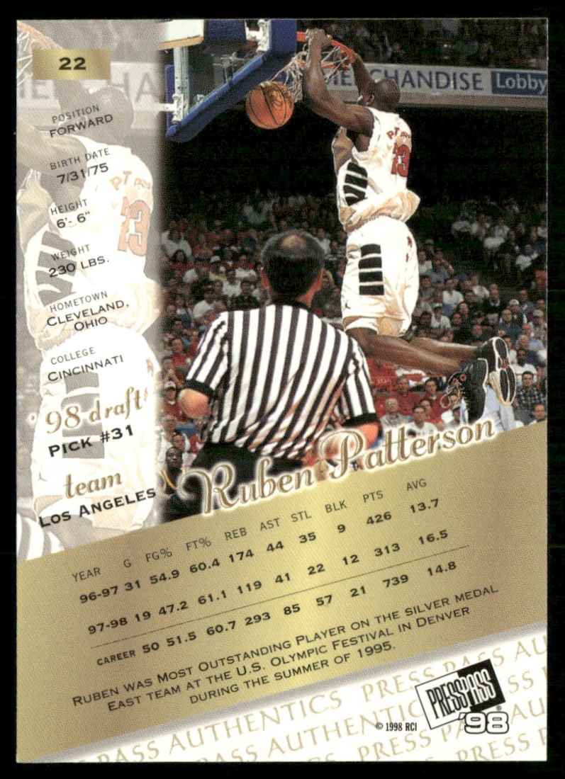 1998-99 Press Pass Authentics Hang Time Ruben Patterson #22 card back image