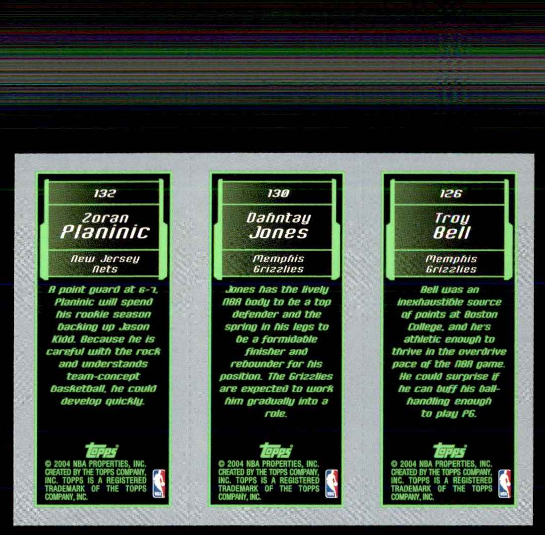2003-04 Topps Rookie Matrix Troy Bell 126 RC/Dahntay Jones 130 RC/Zoran Planinic 132 RC #BJP card back image