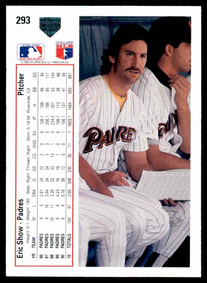 1991 Upper Deck Upper Deck Baseball Eric Show #293 card back image