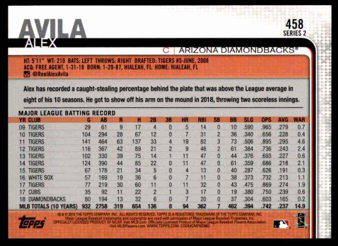 2019 Topps Series 2 Alex Avila #458 card back image