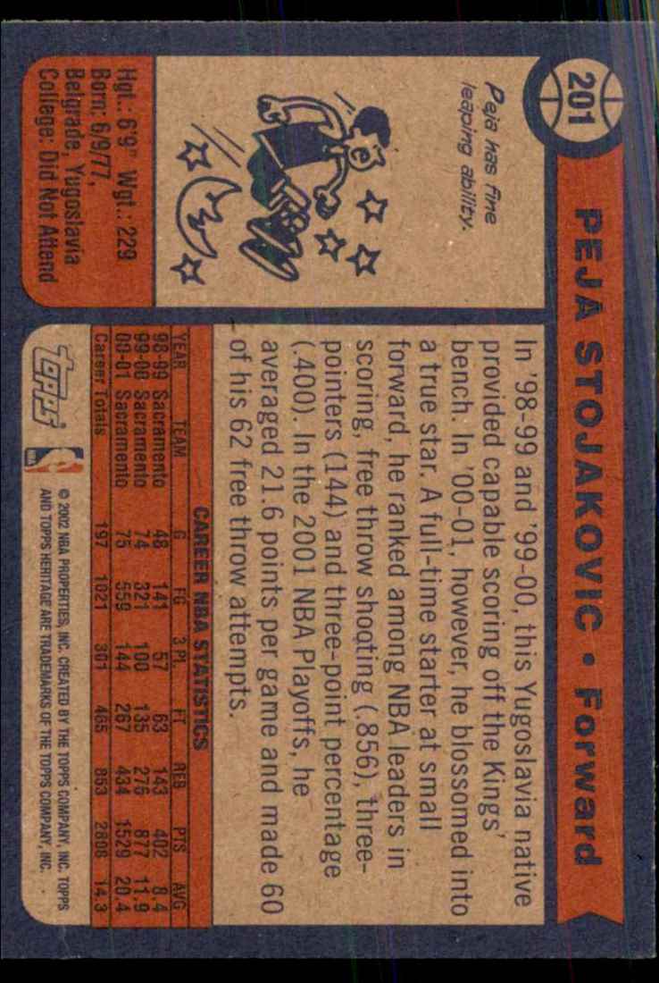 2001-02 Topps Heritage Peja Stojakovic #201 card back image