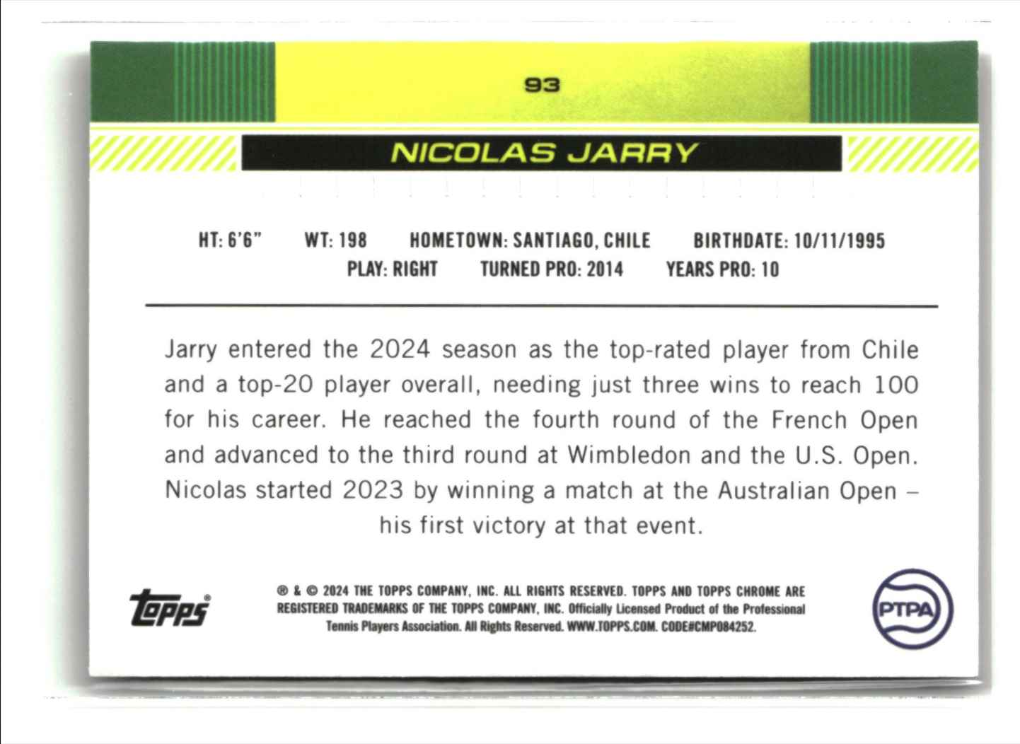 2024 Topps Chrome Prism Refractor NICOLAS JARRY #93 card back image
