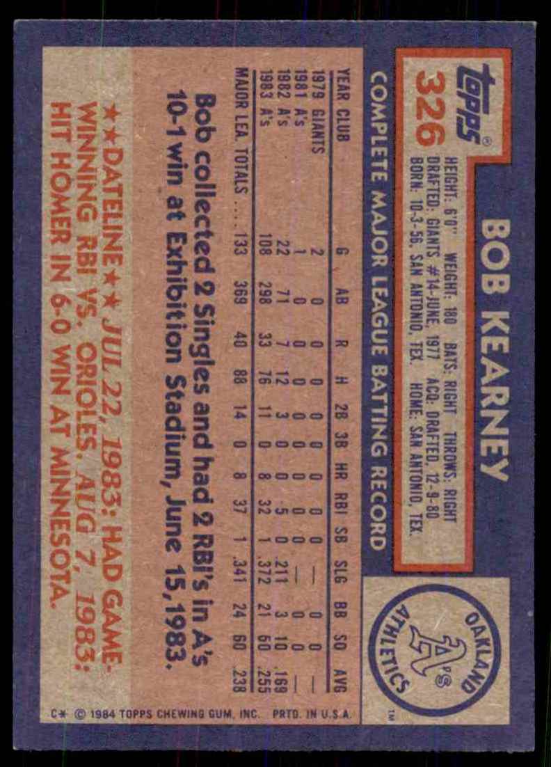 1984 Topps Bob Kearney #326 card back image
