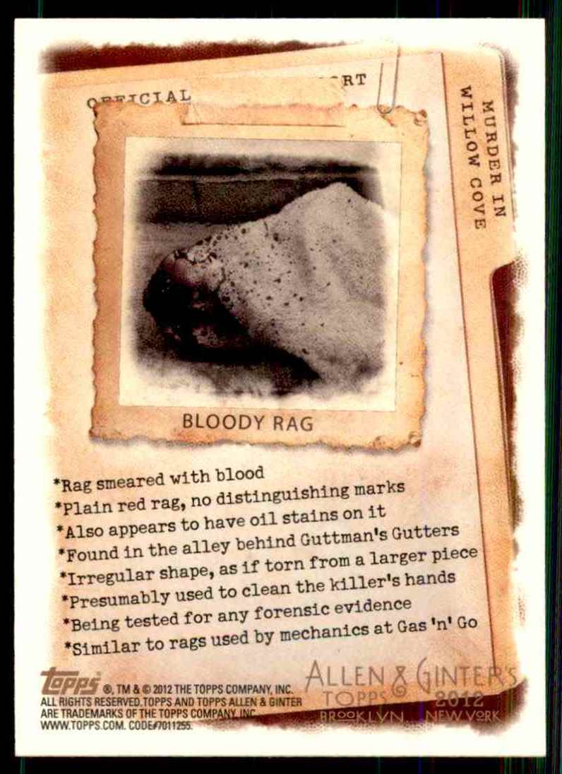 2012 Topps Allen & Ginter Murder In Willow Cove Code Cards Bloody Rag #6 card back image