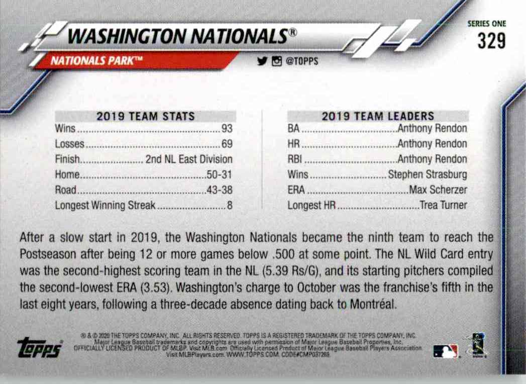 2020 Topps Washington Nationals #329 card back image
