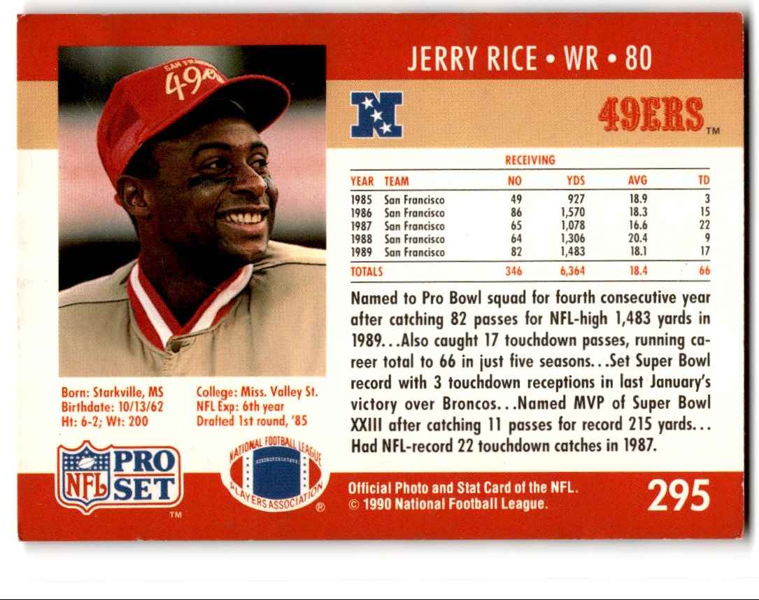 1990 Pro Set Super Bowl XXV Binder 49ers Jerry Rice #295 card back image