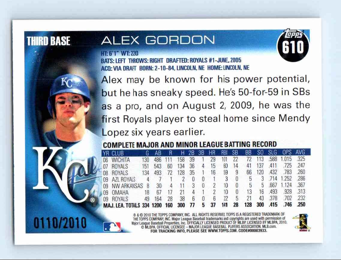 2010 Topps Gold Border Alex Gordon #610 card back image