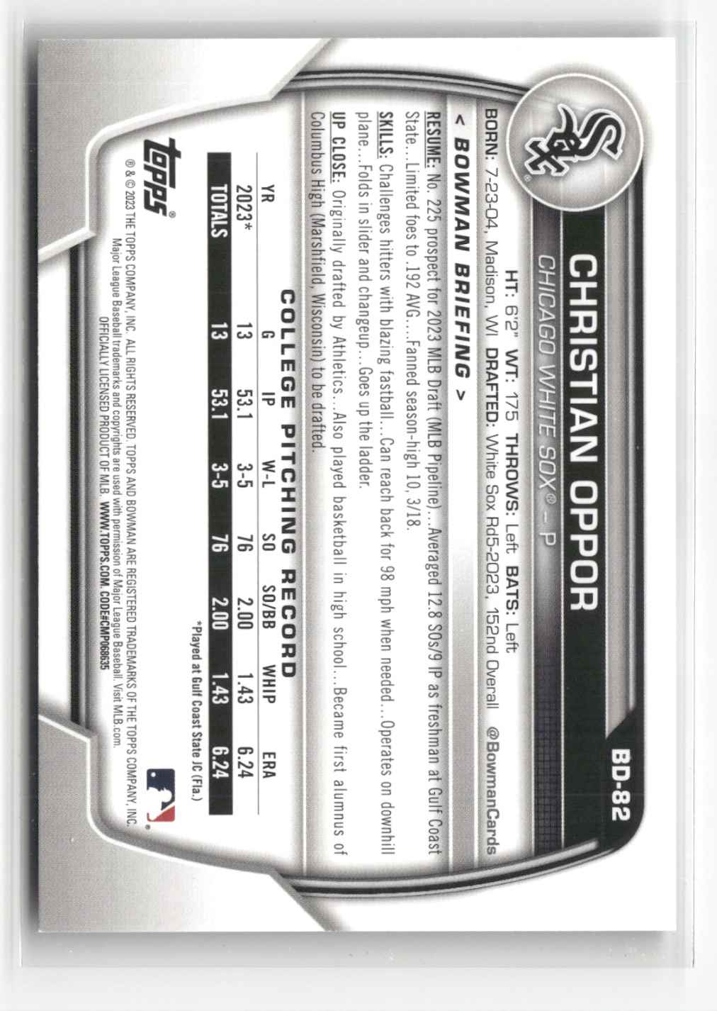 2023 Bowman Draft Christian Oppor #BD-82 card back image