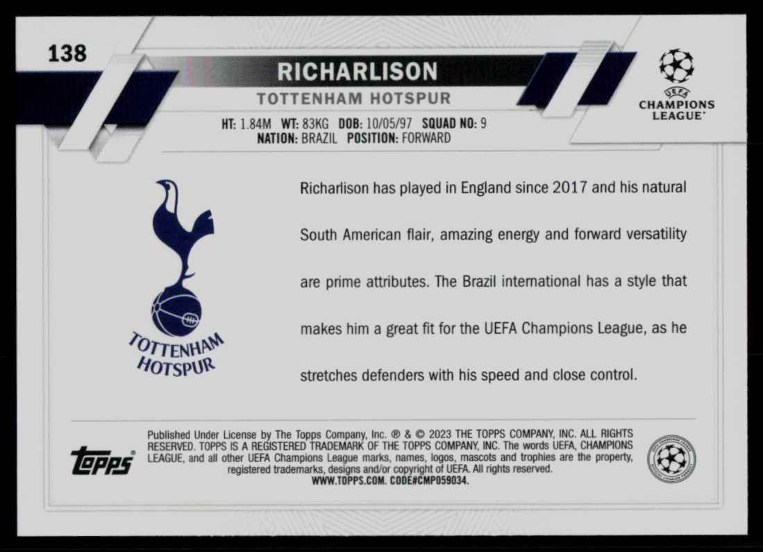 2022 Topps UEFA Richarlison #138 card back image