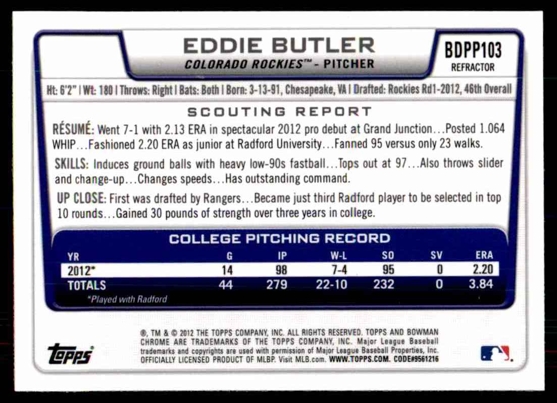 2012 Bowman Chrome Draft Draft Picks Refractors Eddie Butler #BDPP103 card back image