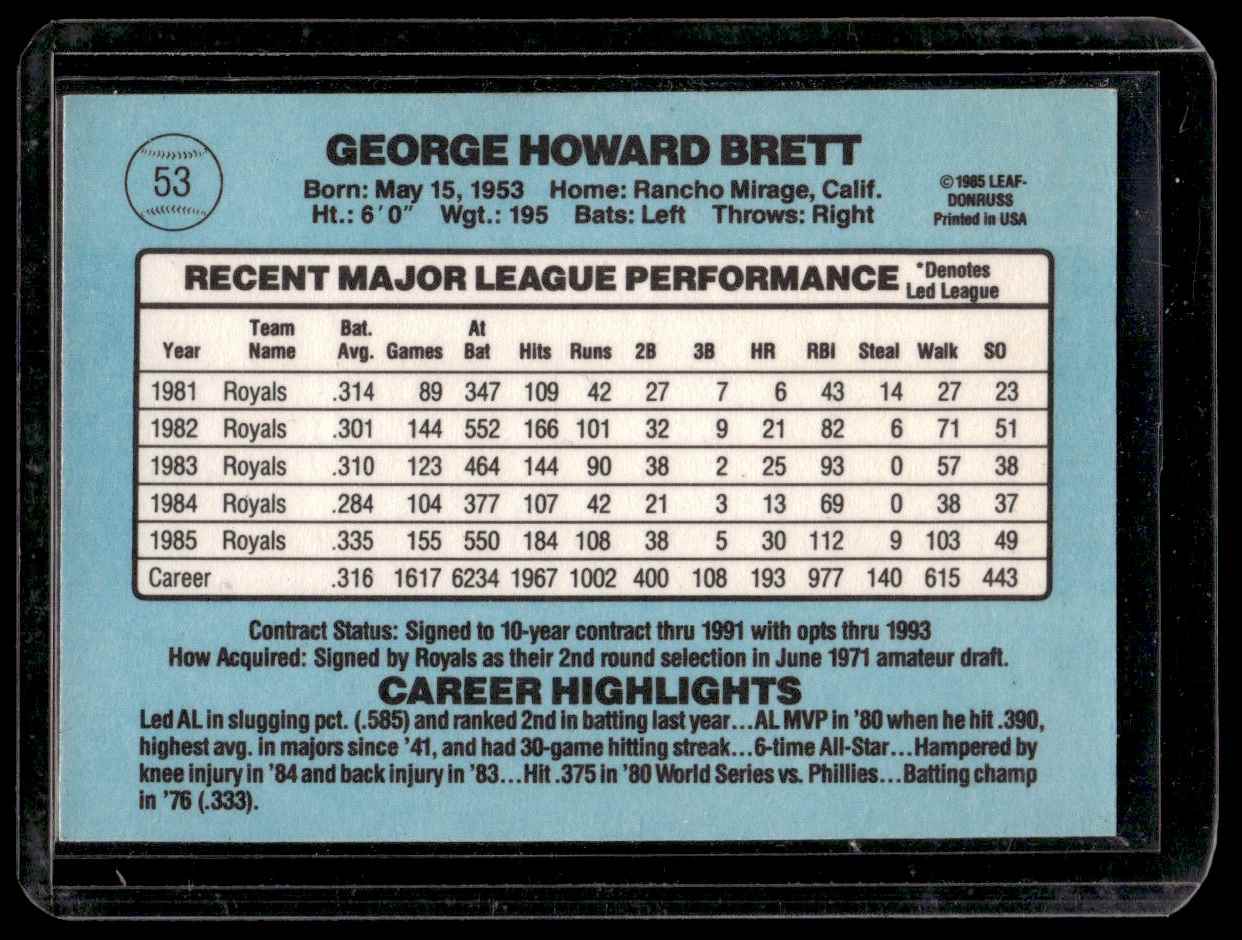 1986 Donruss George Brett #53 card back image