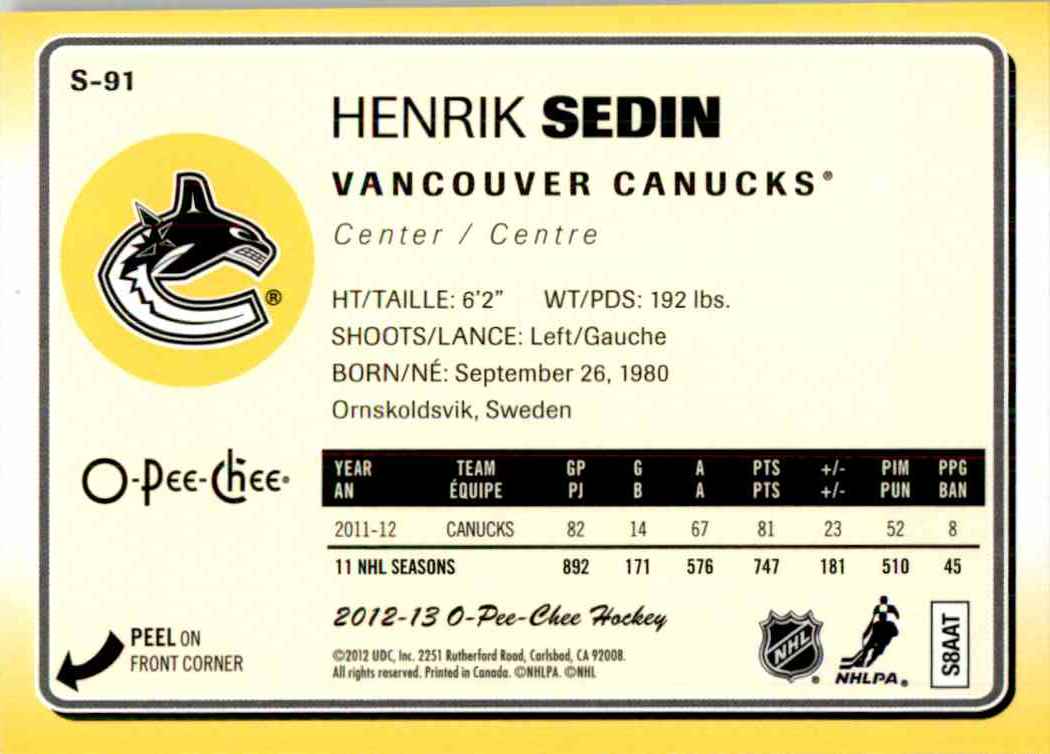 2012-13 O-Pee-Chee Stickers Henrik Sedin #S-91 card back image