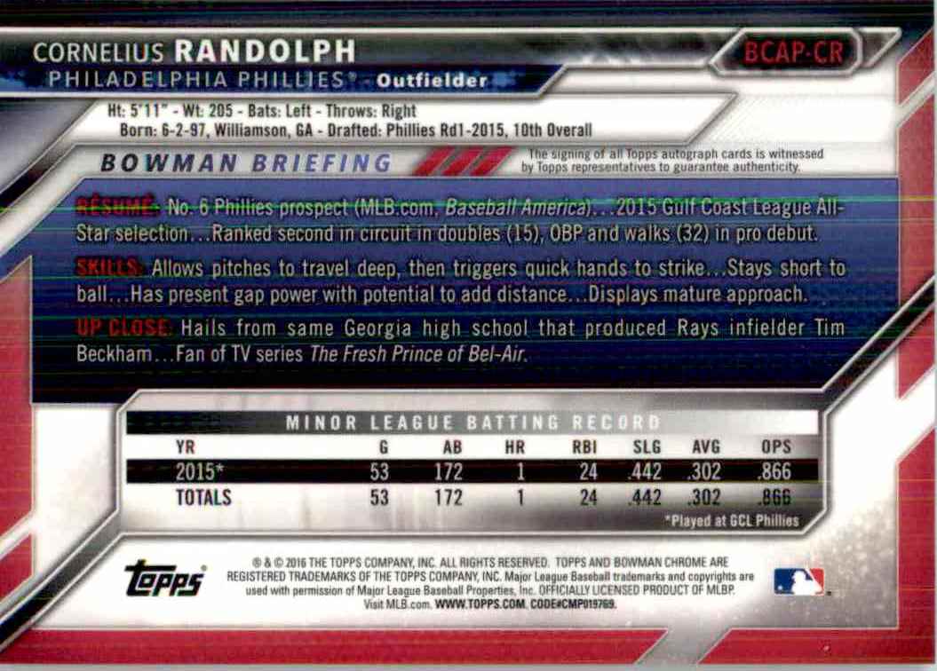 2016 Bowman Chrome Cornelius Randolph #BCAP-CR card back image