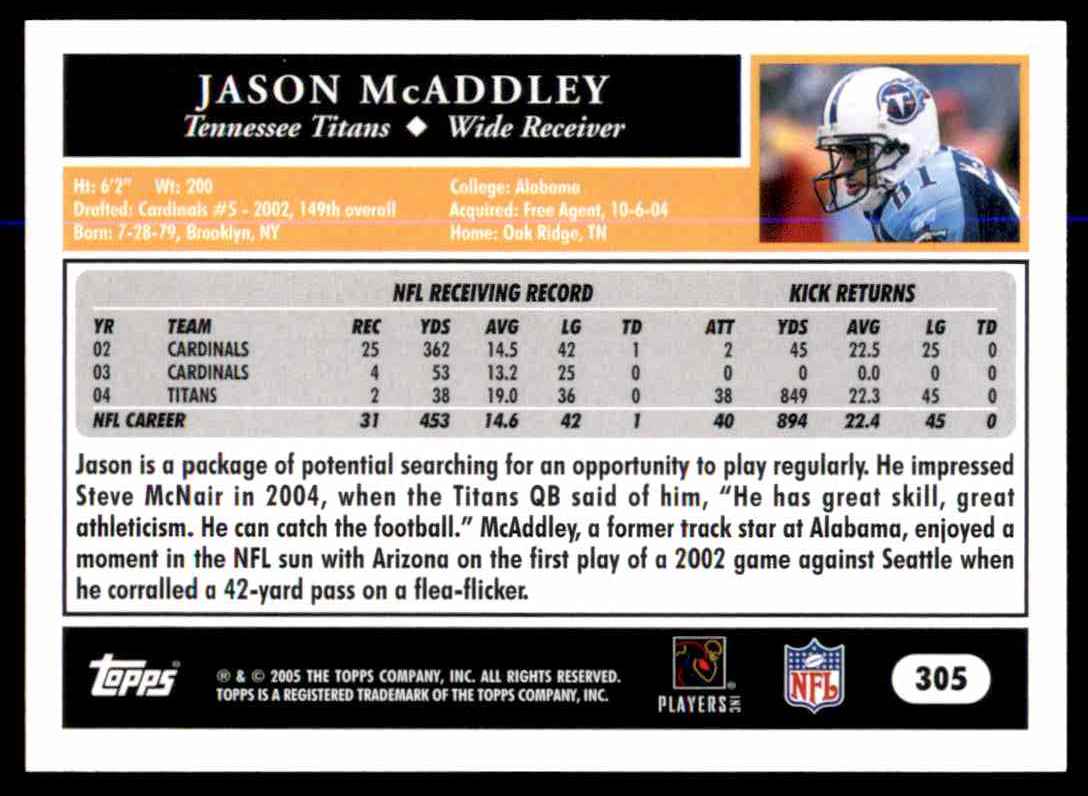 2005 Topps Jason McAddley #305 card back image