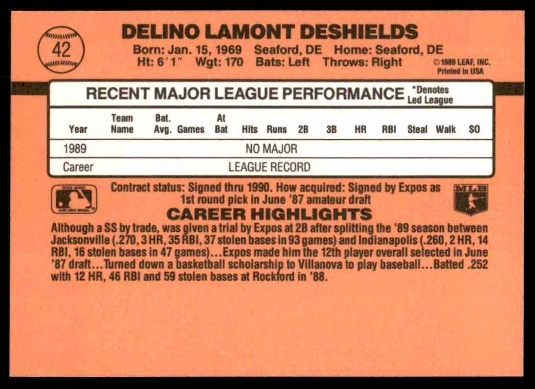 1990 Donruss Delino DeShields #42 card back image
