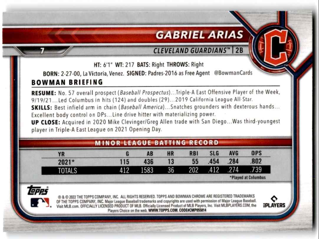 2022 Bowman Chrome Gabriel Arias #7 card back image