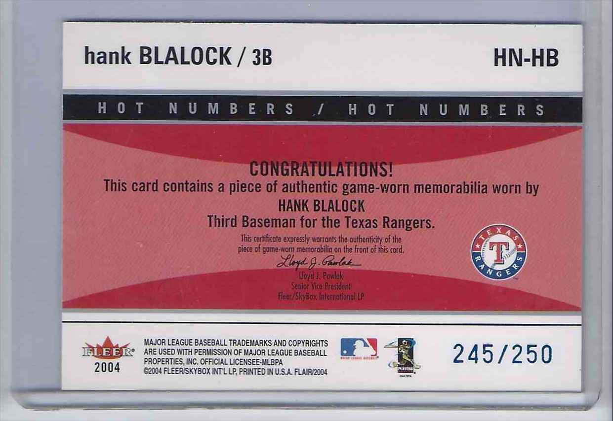 2004 Flair Hot Numbers Game Used Blue Hank Blalock #HB card back image