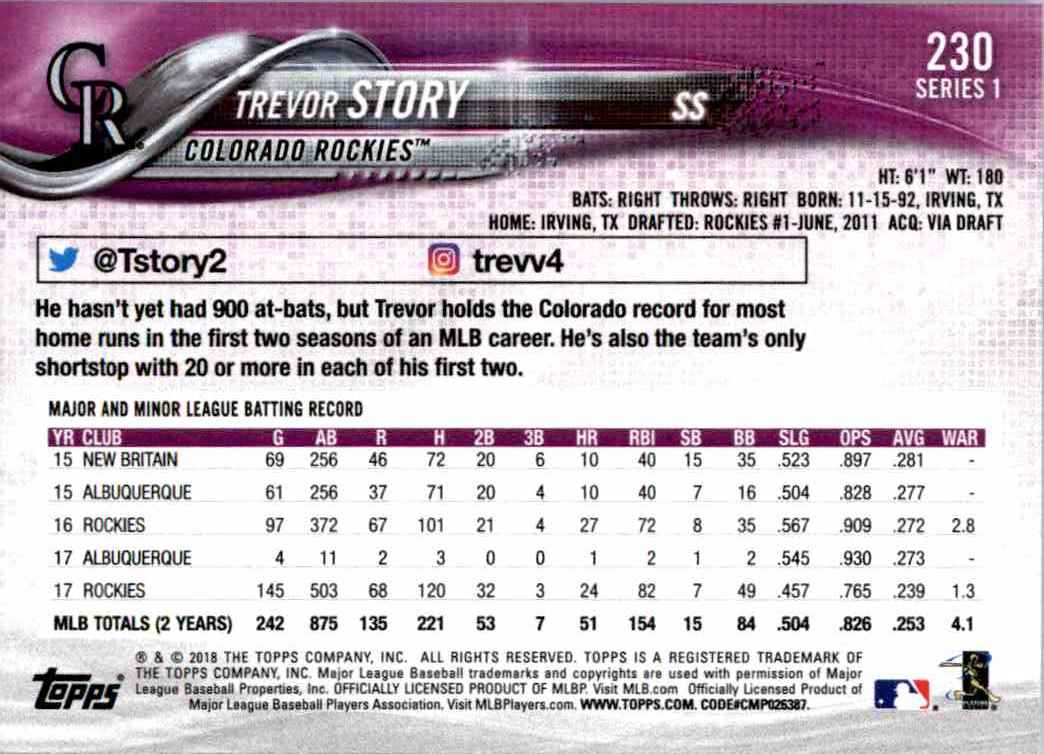2018 Topps Trevor Story #230 card back image
