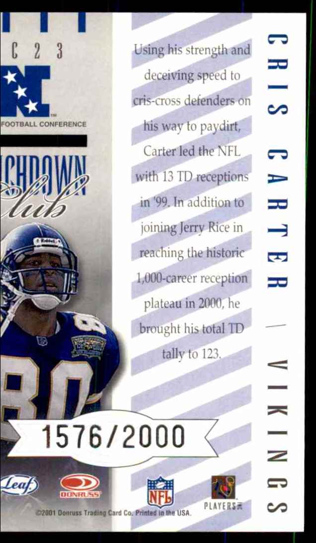 2001 Quantum Leaf Touchdown Club Cris Carter #TC23 card back image